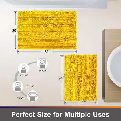 Yellow Bathroom Rugs Sets 2 Piece, Bath Mats for Bathroom Non Slip Washable, 31x20 and 24x16 Inches Luxury Shiny Chenille Bath Rugs, High Absorbent Water and Quick Dry