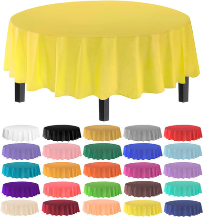 Premium Disposable Round Plastic Table Cloths - 12 Pack, 84 inches (7 feet), Waterproof, Stain-Resistent, Easy Clean-Up for Parties, Events, Gathrings and Everyday Use -Light Yellow-TC58525