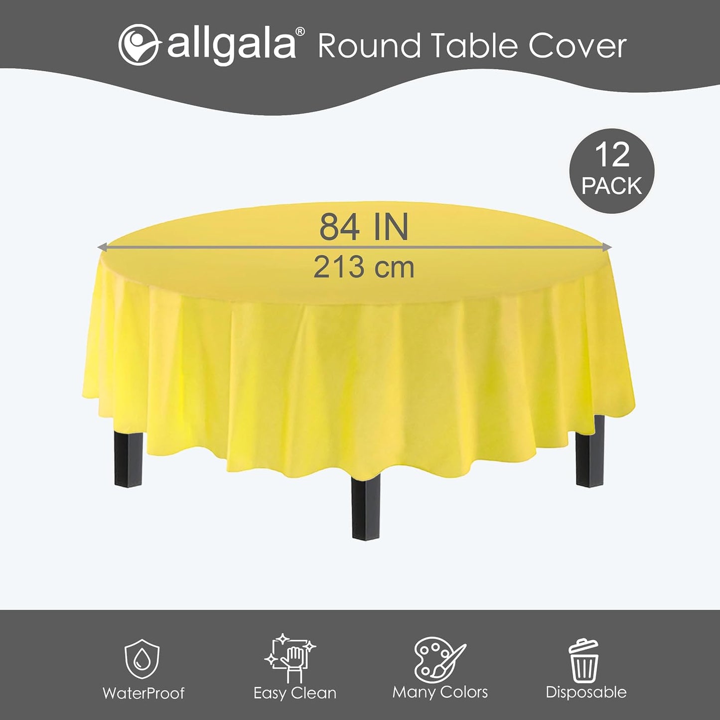 Premium Disposable Round Plastic Table Cloths - 12 Pack, 84 inches (7 feet), Waterproof, Stain-Resistent, Easy Clean-Up for Parties, Events, Gathrings and Everyday Use -Light Yellow-TC58525
