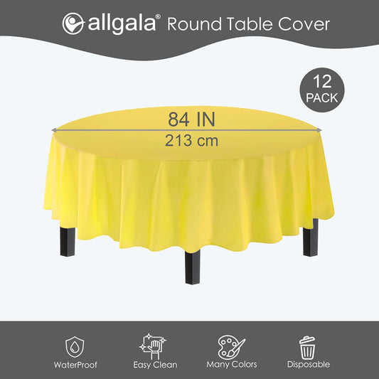 Premium Disposable Round Plastic Table Cloths - 12 Pack, 84 inches (7 feet), Waterproof, Stain-Resistent, Easy Clean-Up for Parties, Events, Gathrings and Everyday Use -Light Yellow-TC58525