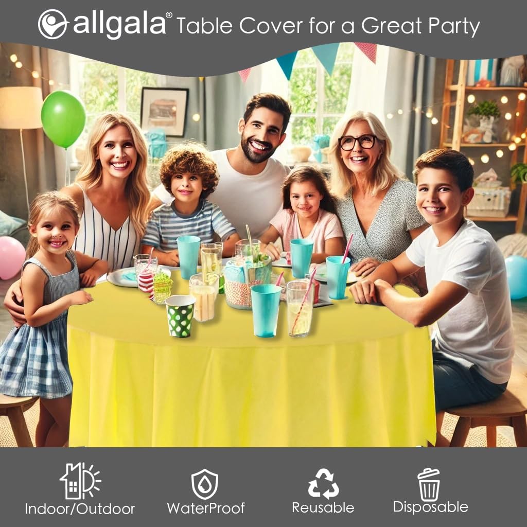 Premium Disposable Round Plastic Table Cloths - 12 Pack, 84 inches (7 feet), Waterproof, Stain-Resistent, Easy Clean-Up for Parties, Events, Gathrings and Everyday Use -Light Yellow-TC58525