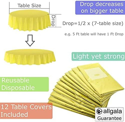 Premium Disposable Round Plastic Table Cloths - 12 Pack, 84 inches (7 feet), Waterproof, Stain-Resistent, Easy Clean-Up for Parties, Events, Gathrings and Everyday Use -Light Yellow-TC58525