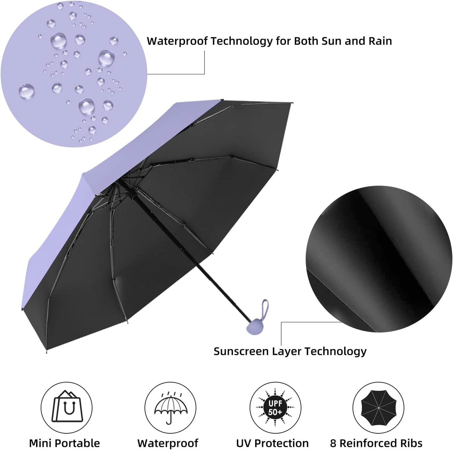 Travel Mini Compact Folding Umbrella with Case - UV Sun & Rain Protection, Lightweight Portable Pocket Umbrella for Women Men Kids, Fits Purse Backpack