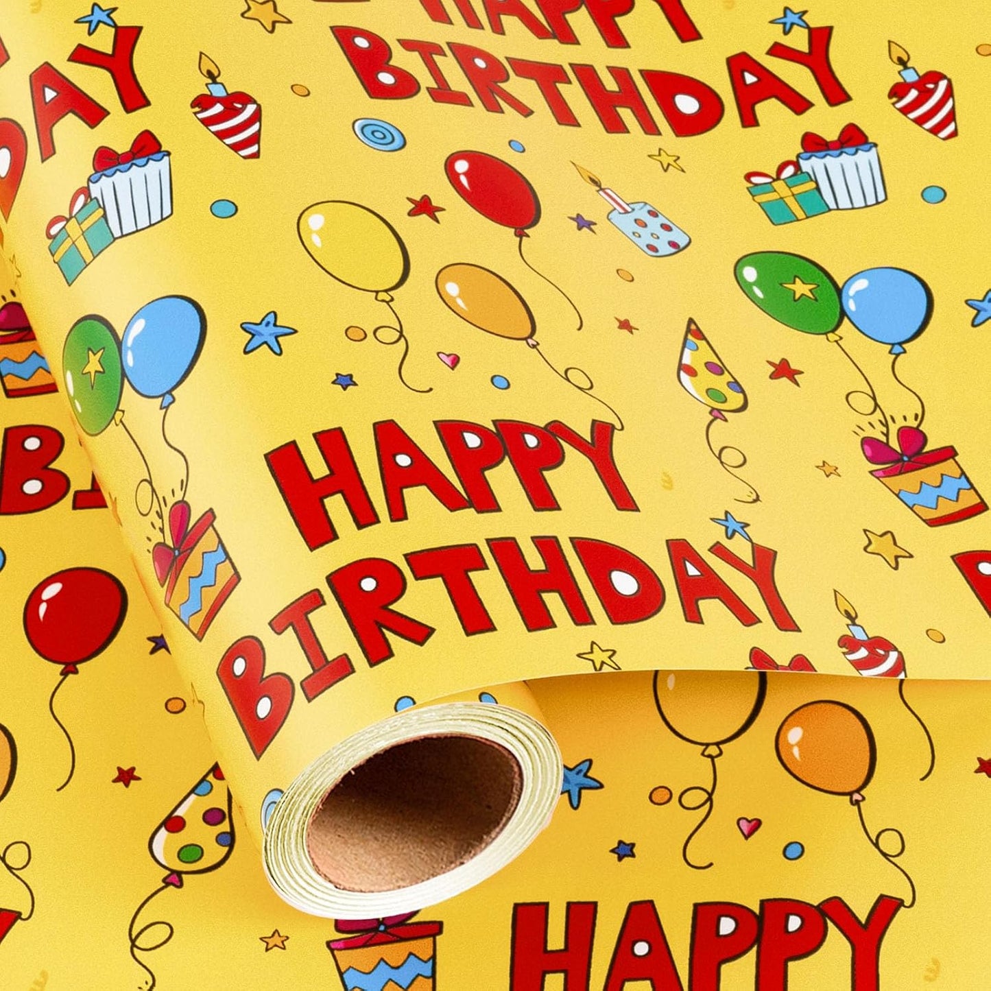 Yellow Happy Birthday Wrapping Paper Roll - Colorful Birthday Balloon Cake and Gift Box Pattern Gift Wrap Paper for Boys Girls Birthday, Baby Shower, Party, Holiday - Mini Roll (17 Inch x 16.5 Feet)