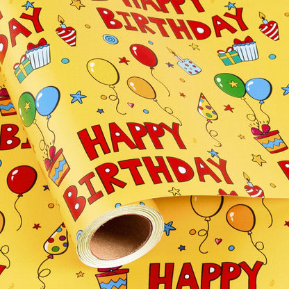 Yellow Happy Birthday Wrapping Paper Roll - Colorful Birthday Balloon Cake and Gift Box Pattern Gift Wrap Paper for Boys Girls Birthday, Baby Shower, Party, Holiday - Mini Roll (17 Inch x 16.5 Feet)