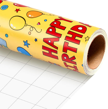 Yellow Happy Birthday Wrapping Paper Roll - Colorful Birthday Balloon Cake and Gift Box Pattern Gift Wrap Paper for Boys Girls Birthday, Baby Shower, Party, Holiday - Mini Roll (17 Inch x 16.5 Feet)