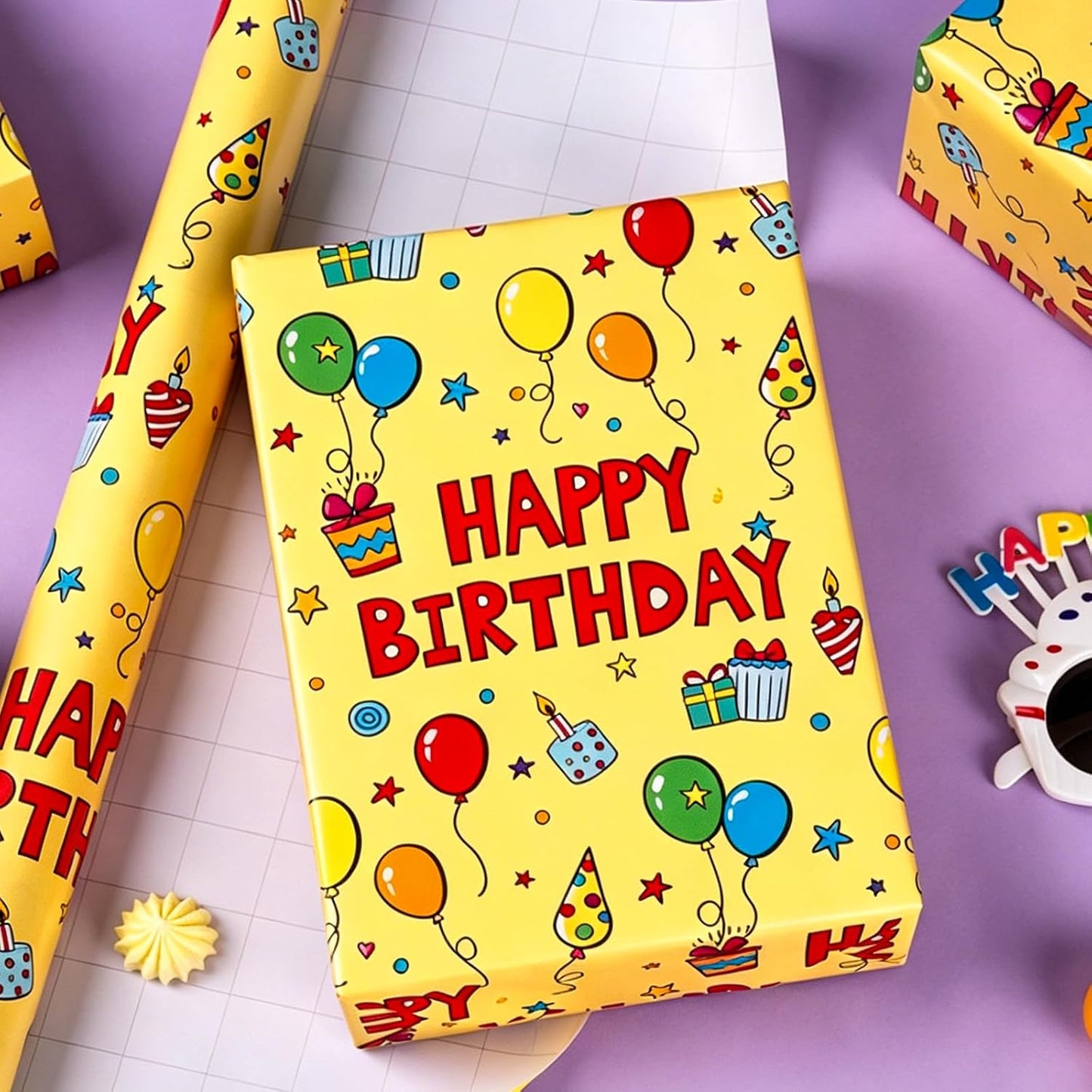 Yellow Happy Birthday Wrapping Paper Roll - Colorful Birthday Balloon Cake and Gift Box Pattern Gift Wrap Paper for Boys Girls Birthday, Baby Shower, Party, Holiday - Mini Roll (17 Inch x 16.5 Feet)