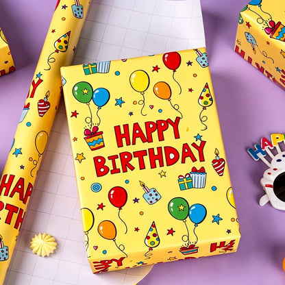 Yellow Happy Birthday Wrapping Paper Roll - Colorful Birthday Balloon Cake and Gift Box Pattern Gift Wrap Paper for Boys Girls Birthday, Baby Shower, Party, Holiday - Mini Roll (17 Inch x 16.5 Feet)