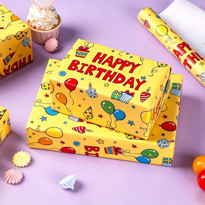 Yellow Happy Birthday Wrapping Paper Roll - Colorful Birthday Balloon Cake and Gift Box Pattern Gift Wrap Paper for Boys Girls Birthday, Baby Shower, Party, Holiday - Mini Roll (17 Inch x 16.5 Feet)