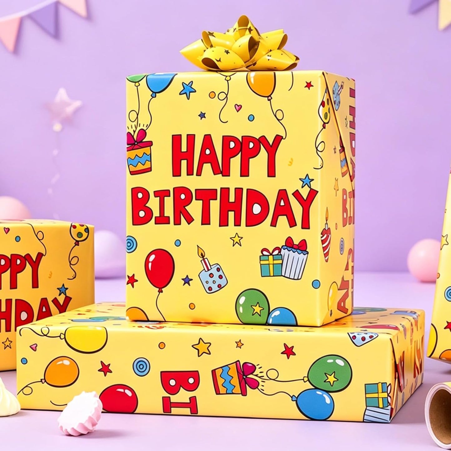 Yellow Happy Birthday Wrapping Paper Roll - Colorful Birthday Balloon Cake and Gift Box Pattern Gift Wrap Paper for Boys Girls Birthday, Baby Shower, Party, Holiday - Mini Roll (17 Inch x 16.5 Feet)