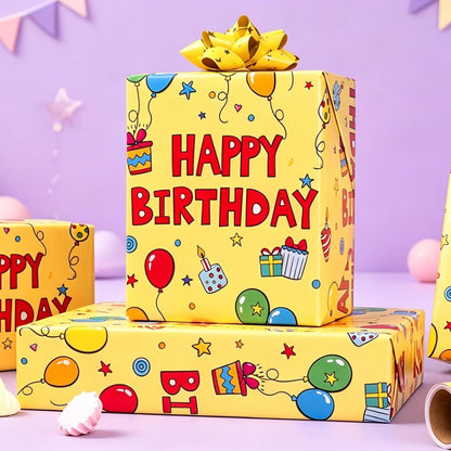 Yellow Happy Birthday Wrapping Paper Roll - Colorful Birthday Balloon Cake and Gift Box Pattern Gift Wrap Paper for Boys Girls Birthday, Baby Shower, Party, Holiday - Mini Roll (17 Inch x 16.5 Feet)