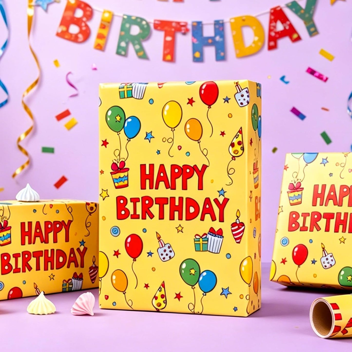 Yellow Happy Birthday Wrapping Paper Roll - Colorful Birthday Balloon Cake and Gift Box Pattern Gift Wrap Paper for Boys Girls Birthday, Baby Shower, Party, Holiday - Mini Roll (17 Inch x 16.5 Feet)