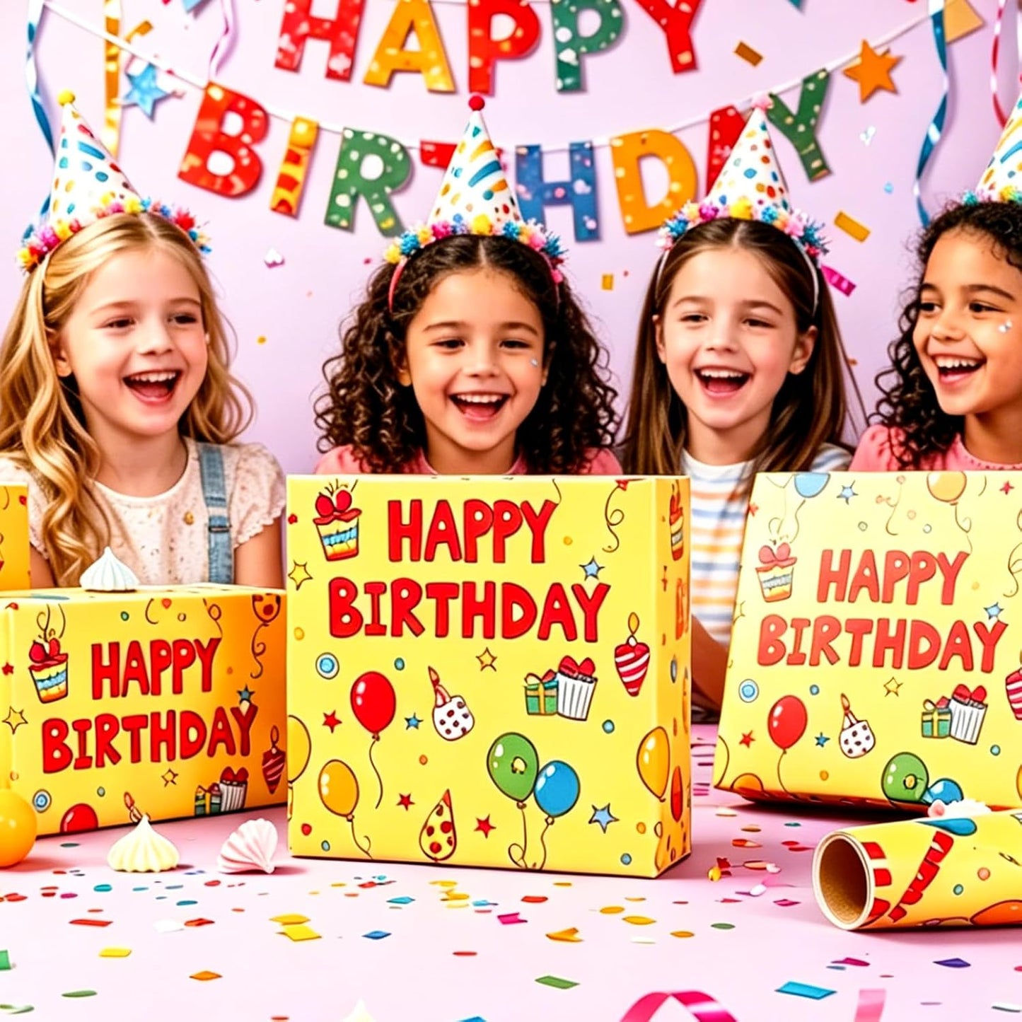 Yellow Happy Birthday Wrapping Paper Roll - Colorful Birthday Balloon Cake and Gift Box Pattern Gift Wrap Paper for Boys Girls Birthday, Baby Shower, Party, Holiday - Mini Roll (17 Inch x 16.5 Feet)