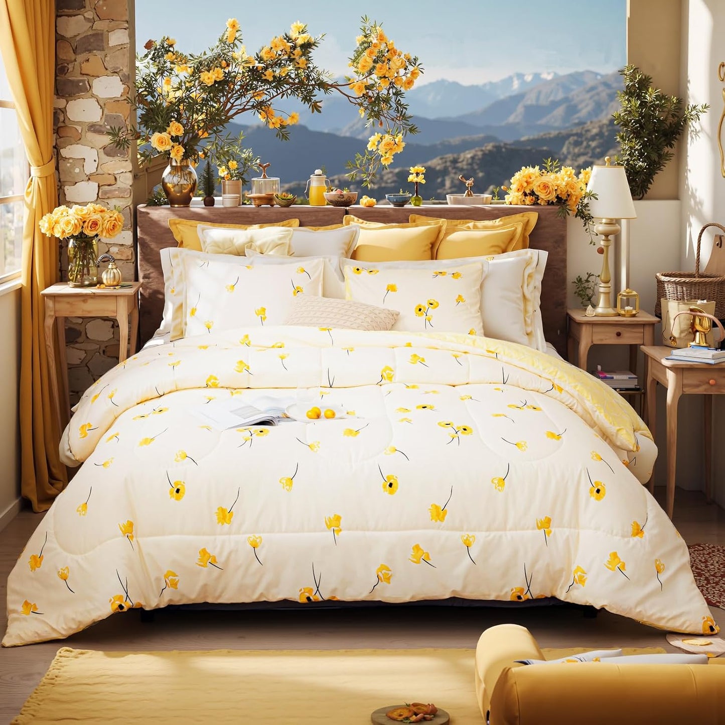 Yellow Bedding Comforter Set Floral Plaid Reversible Comforter Queen Size Bed Set Flowers Pattern Cute Botanical Bed Comforter Set(Queen, Yellow)