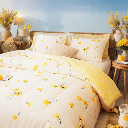 Yellow Bedding Comforter Set Floral Plaid Reversible Comforter Queen Size Bed Set Flowers Pattern Cute Botanical Bed Comforter Set(Queen, Yellow)