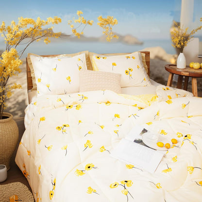 Yellow Bedding Comforter Set Floral Plaid Reversible Comforter Queen Size Bed Set Flowers Pattern Cute Botanical Bed Comforter Set(Queen, Yellow)