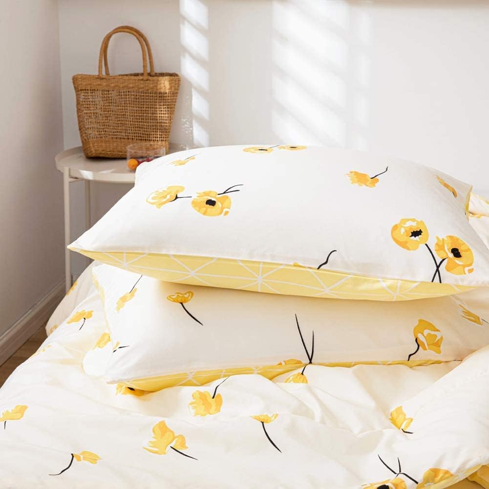 Yellow Bedding Comforter Set Floral Plaid Reversible Comforter Queen Size Bed Set Flowers Pattern Cute Botanical Bed Comforter Set(Queen, Yellow)