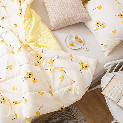 Yellow Bedding Comforter Set Floral Plaid Reversible Comforter Queen Size Bed Set Flowers Pattern Cute Botanical Bed Comforter Set(Queen, Yellow)