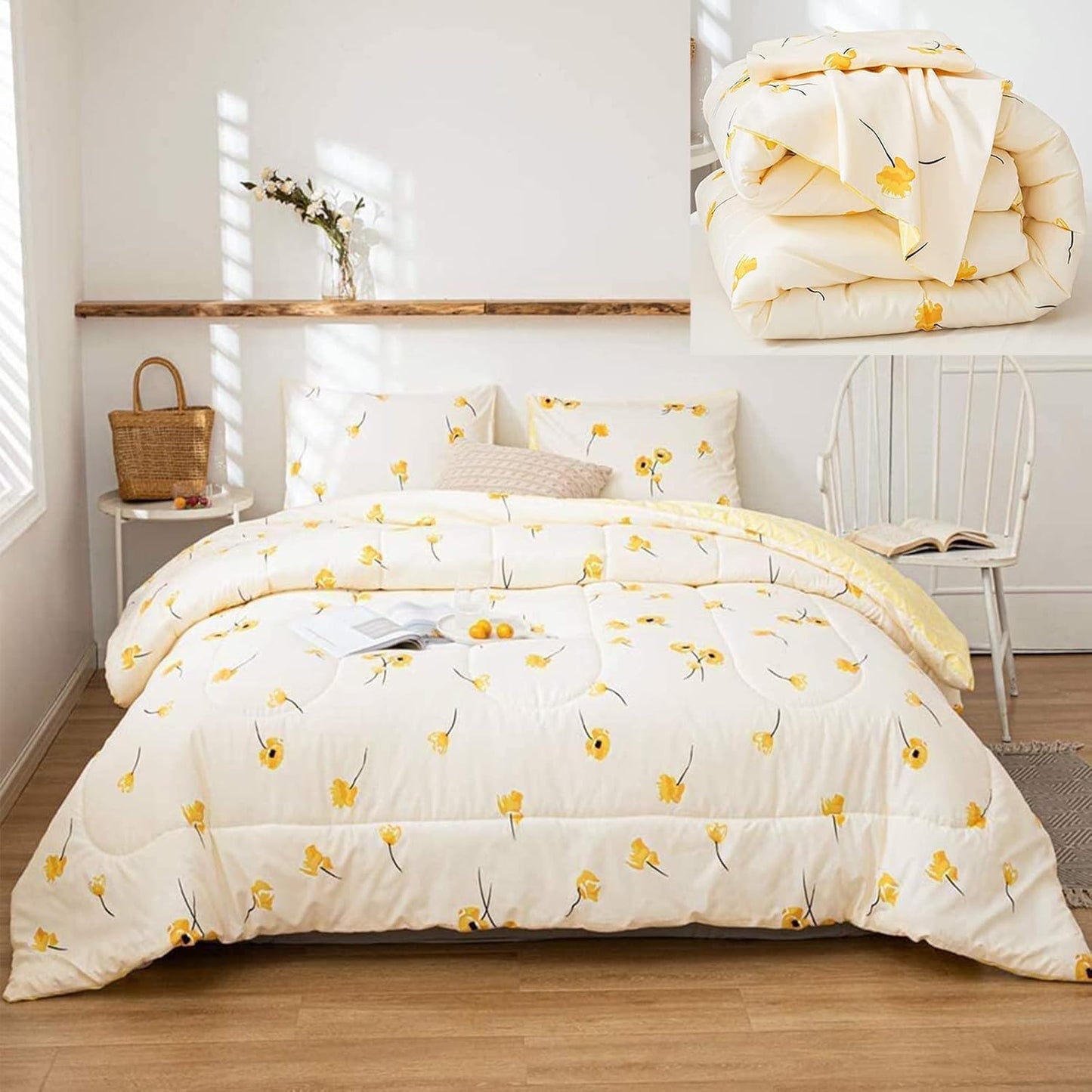 Yellow Bedding Comforter Set Floral Plaid Reversible Comforter Queen Size Bed Set Flowers Pattern Cute Botanical Bed Comforter Set(Queen, Yellow)