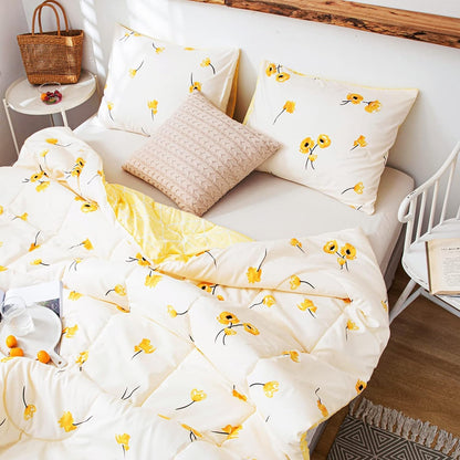 Yellow Bedding Comforter Set Floral Plaid Reversible Comforter Queen Size Bed Set Flowers Pattern Cute Botanical Bed Comforter Set(Queen, Yellow)