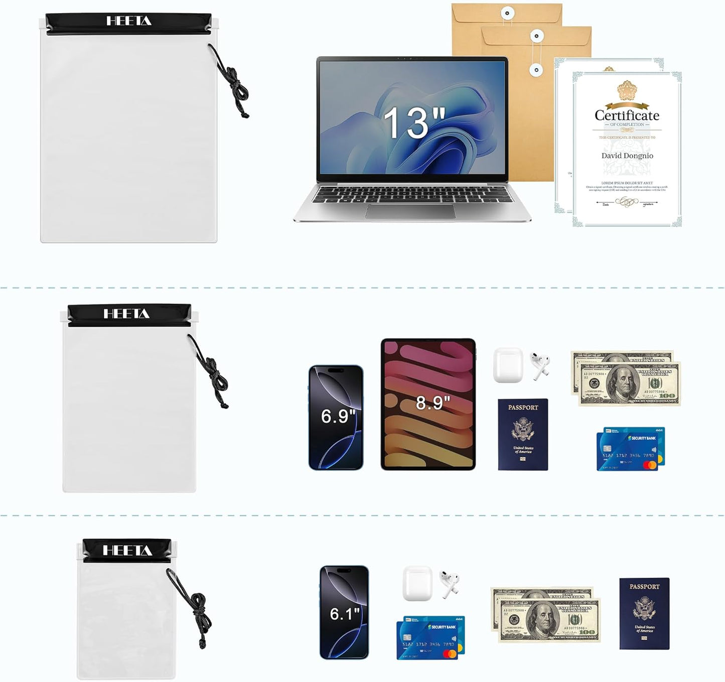 5-Pack Clear Waterproof Dry Bag Pouch Document Holder for Phone Maps | Water Tight Case for Camera Document, Screen Touchable for Boating Kayaking Paddle Board Swimming Beach Waterpark Fishing