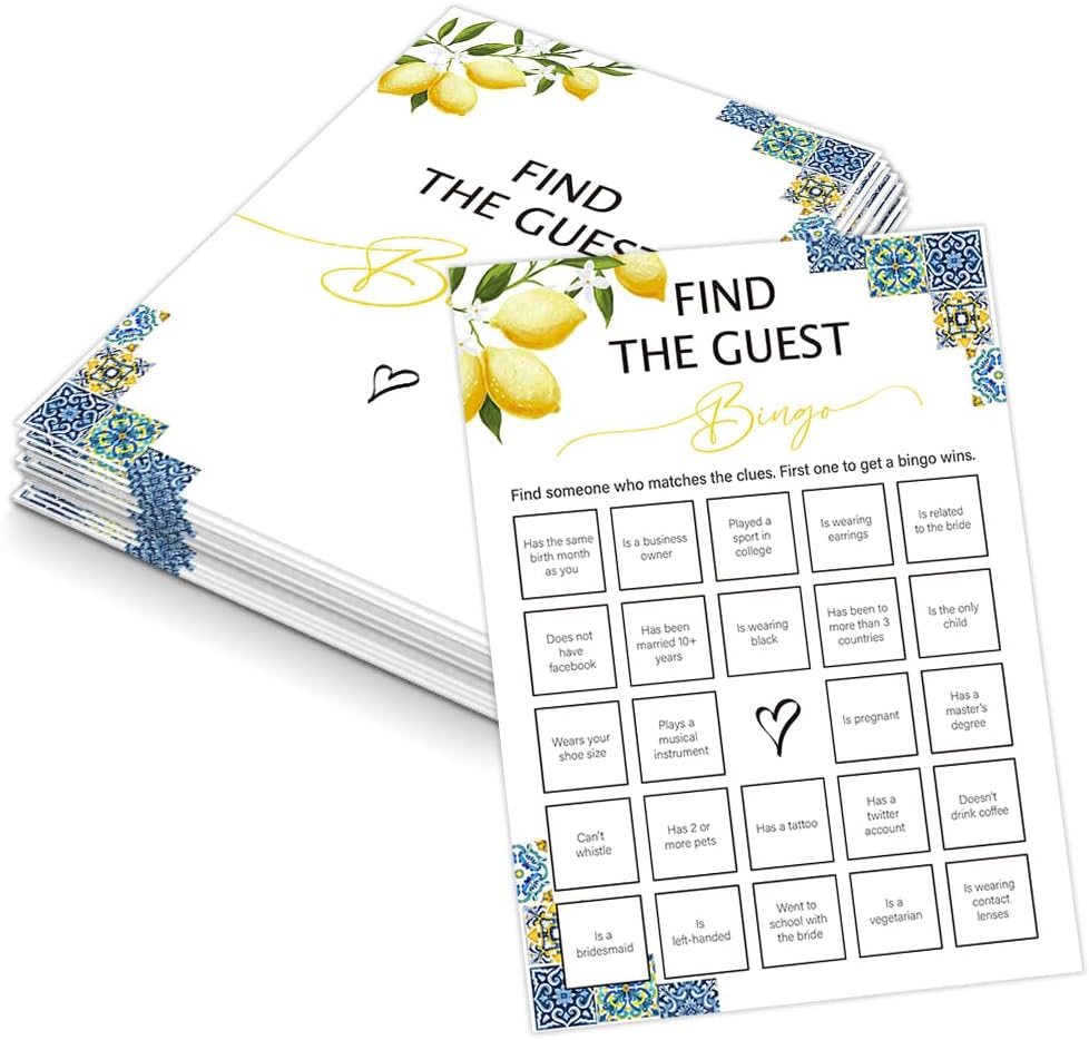 Blue Tiles and Lemons Find the Guest Bingo Game for 30 Guests with Game Cards, Lemons Bridal Shower Games, Modern Bridal Shower Decorations, Wedding Shower or Bachelorette Party Supplies - 02