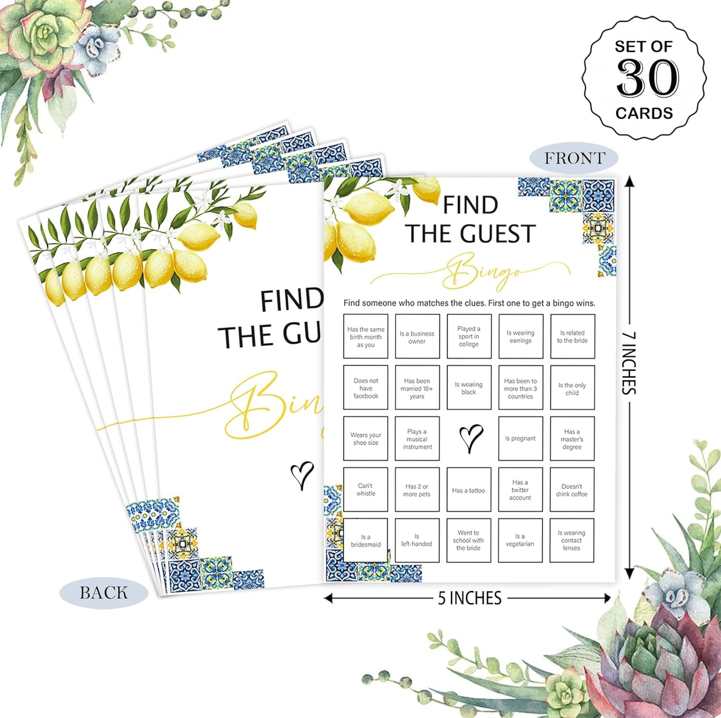 Blue Tiles and Lemons Find the Guest Bingo Game for 30 Guests with Game Cards, Lemons Bridal Shower Games, Modern Bridal Shower Decorations, Wedding Shower or Bachelorette Party Supplies - 02