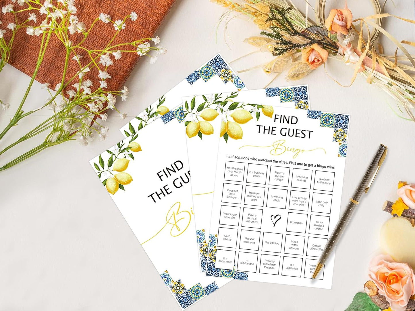 Blue Tiles and Lemons Find the Guest Bingo Game for 30 Guests with Game Cards, Lemons Bridal Shower Games, Modern Bridal Shower Decorations, Wedding Shower or Bachelorette Party Supplies - 02