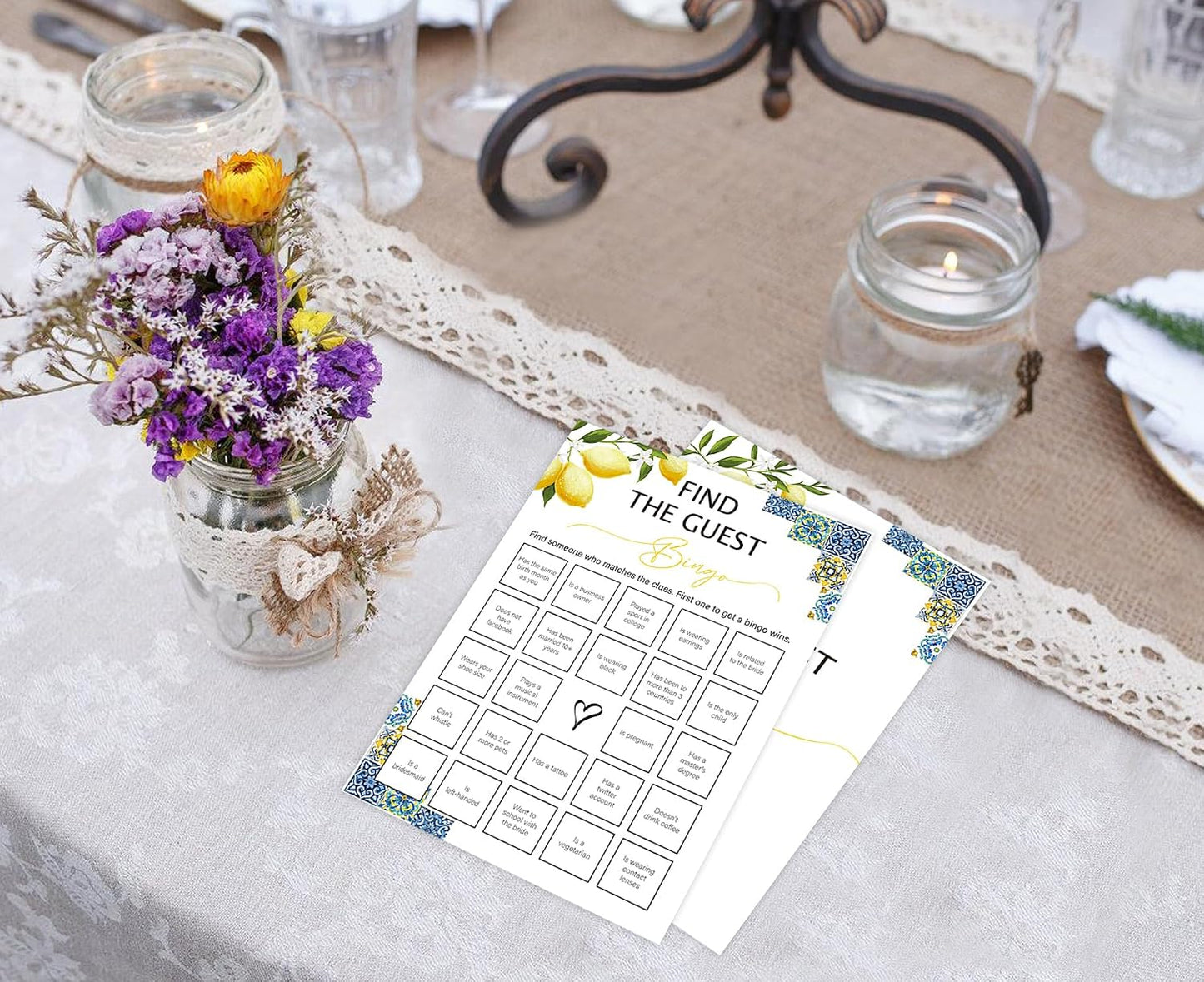 Blue Tiles and Lemons Find the Guest Bingo Game for 30 Guests with Game Cards, Lemons Bridal Shower Games, Modern Bridal Shower Decorations, Wedding Shower or Bachelorette Party Supplies - 02