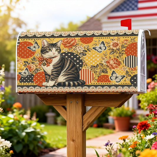 Cat Magnetic Mailbox Covers, Vintage Rustic Flowers Butterflies Fall Yellow Mailbox Skin for Garden Yard Decor 18x21 Inch