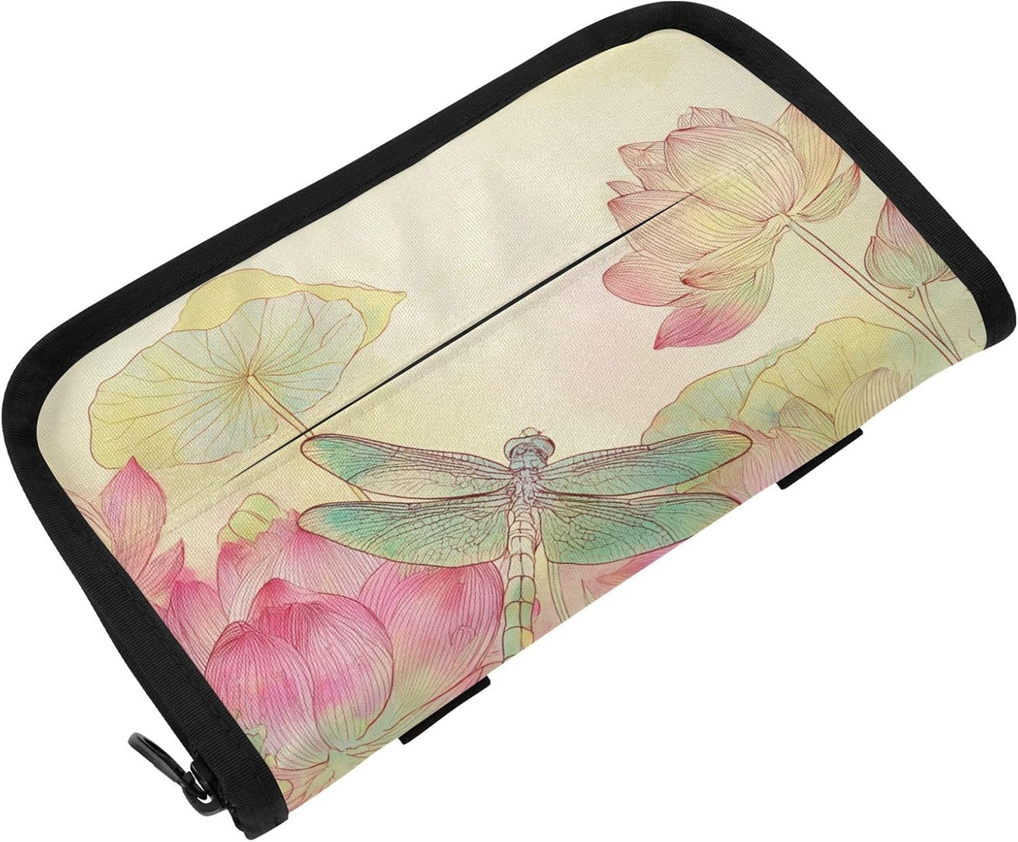 Car Tissue Holder Car Napkin Holder Tissue Box Dispenser Storage Case Sun Visor Mask Holder Accessories with Adjustable Straps Reusable Refillable Dragonfly Lotuses Yellow