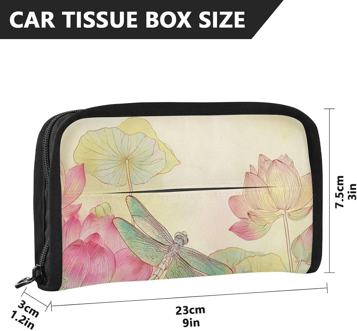 Car Tissue Holder Car Napkin Holder Tissue Box Dispenser Storage Case Sun Visor Mask Holder Accessories with Adjustable Straps Reusable Refillable Dragonfly Lotuses Yellow
