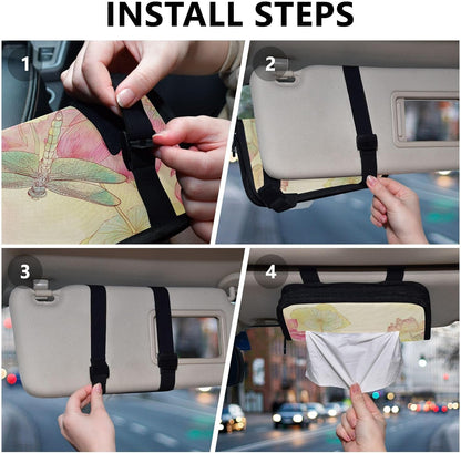 Car Tissue Holder Car Napkin Holder Tissue Box Dispenser Storage Case Sun Visor Mask Holder Accessories with Adjustable Straps Reusable Refillable Dragonfly Lotuses Yellow