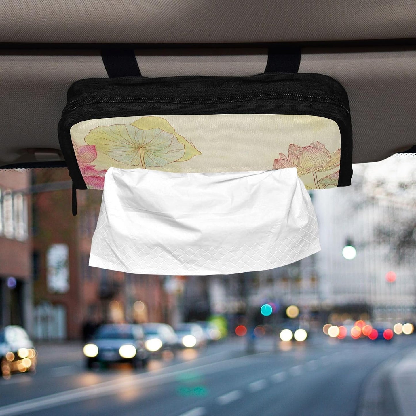Car Tissue Holder Car Napkin Holder Tissue Box Dispenser Storage Case Sun Visor Mask Holder Accessories with Adjustable Straps Reusable Refillable Dragonfly Lotuses Yellow