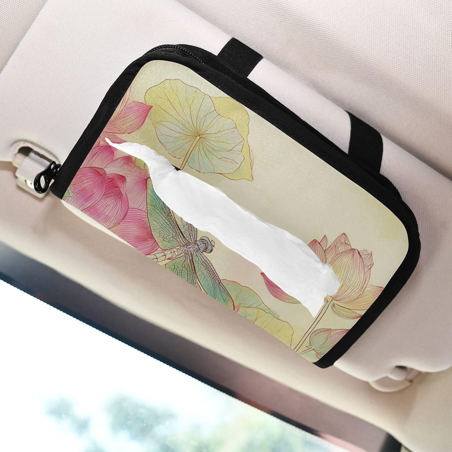 Car Tissue Holder Car Napkin Holder Tissue Box Dispenser Storage Case Sun Visor Mask Holder Accessories with Adjustable Straps Reusable Refillable Dragonfly Lotuses Yellow