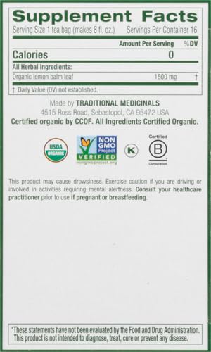Organic, Lemon Balm - Supports Stress Relief & Digestive Health - Kosher, Non-GMO, Caffeine-Free, Compostable - 16 Tea Bags | Soothes the Digestive Tract & Promotes Respiratory Health, Kosher, Non-GMO, Caffeine-Free