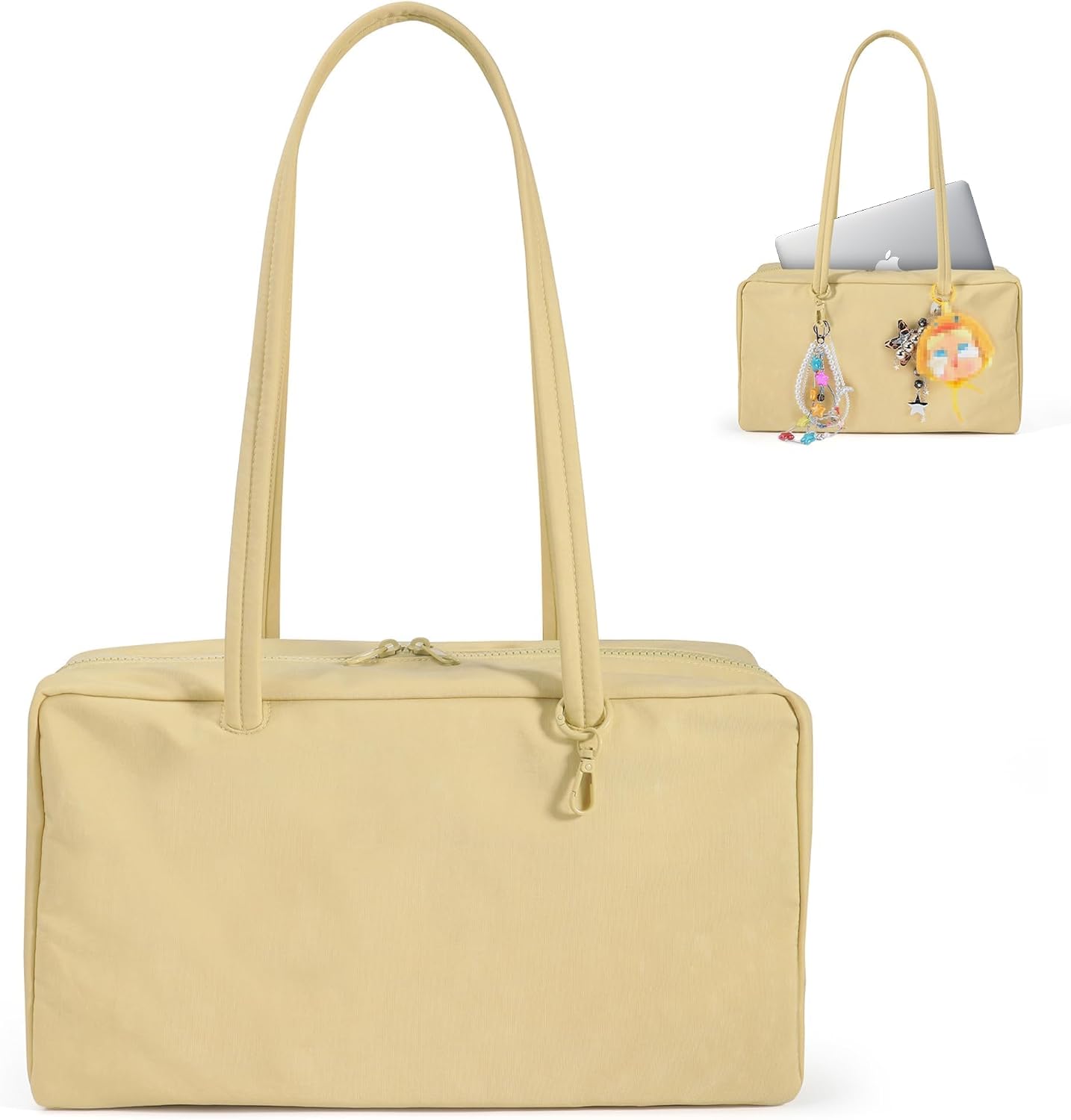 Nylon Bowler Bag for Women: Slouchy Lightweight with Charm Loop | Shoulder,Handbags,Tote,Hobo,Cute,East-West,Key Strap,Small,Roomy,Machine Washable,Everyday Use Outings