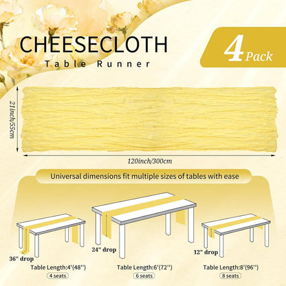 4 Pack Cheesecloth Table Runner 10FT Light Yellow Table Runner Boho Gauze Cheese Cloth Table Runners Long Rustic Sheer Table Decorations for Wedding Party Baby Bridal Shower Birthday Holiday Home