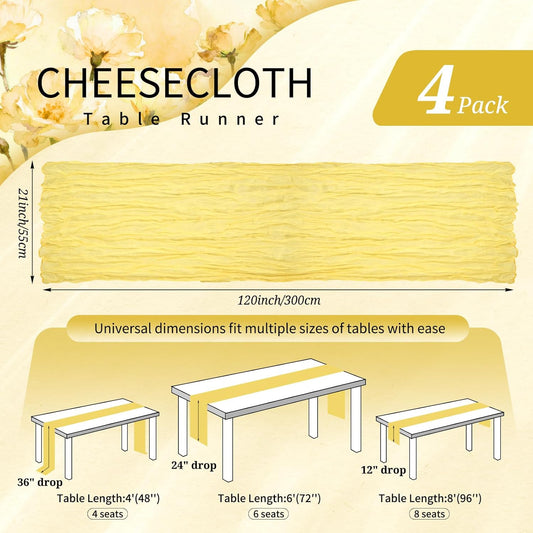4 Pack Cheesecloth Table Runner 10FT Light Yellow Table Runner Boho Gauze Cheese Cloth Table Runners Long Rustic Sheer Table Decorations for Wedding Party Baby Bridal Shower Birthday Holiday Home