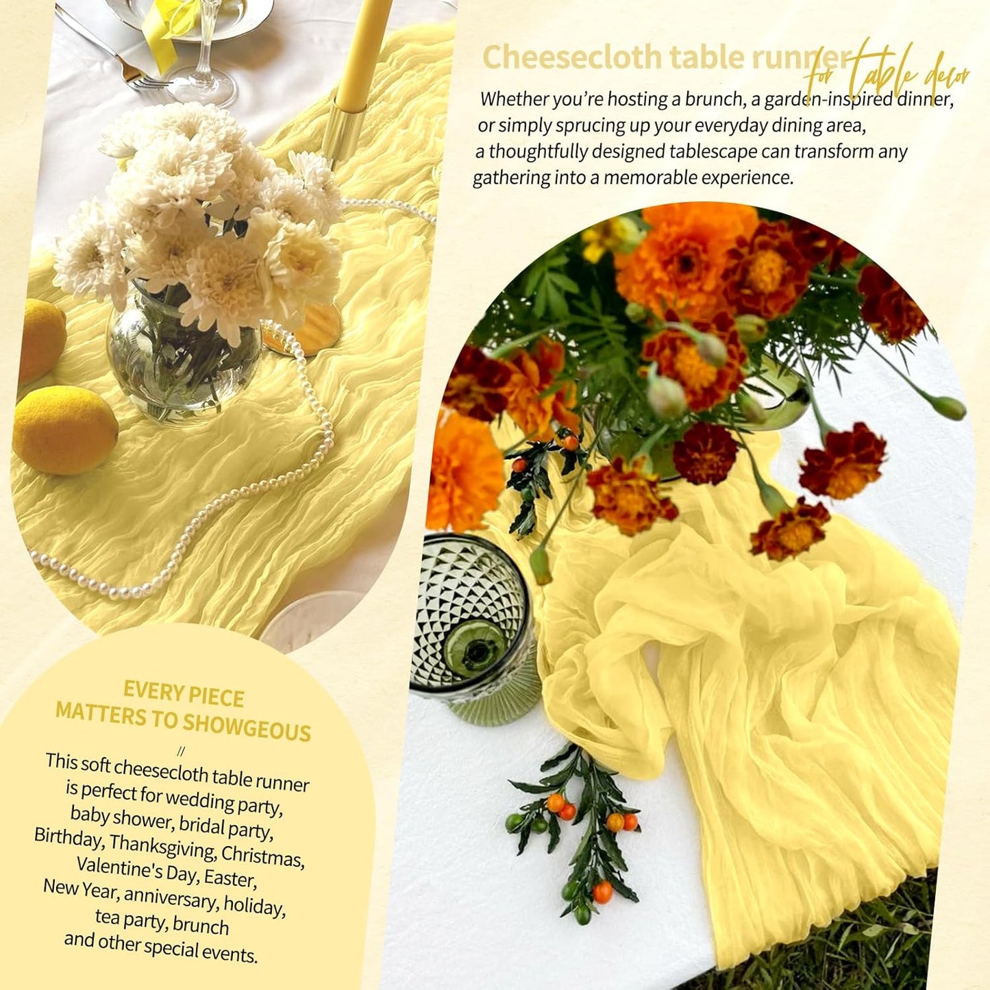 4 Pack Cheesecloth Table Runner 10FT Light Yellow Table Runner Boho Gauze Cheese Cloth Table Runners Long Rustic Sheer Table Decorations for Wedding Party Baby Bridal Shower Birthday Holiday Home