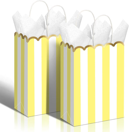 24 Pcs Lemon Party Favors Yellow and White Striped Gift Bags with Handles Gold Scalloped Edge Candy Goodie Treat Bags for Carnival Party Favors Circus Themed Birthday Supplies