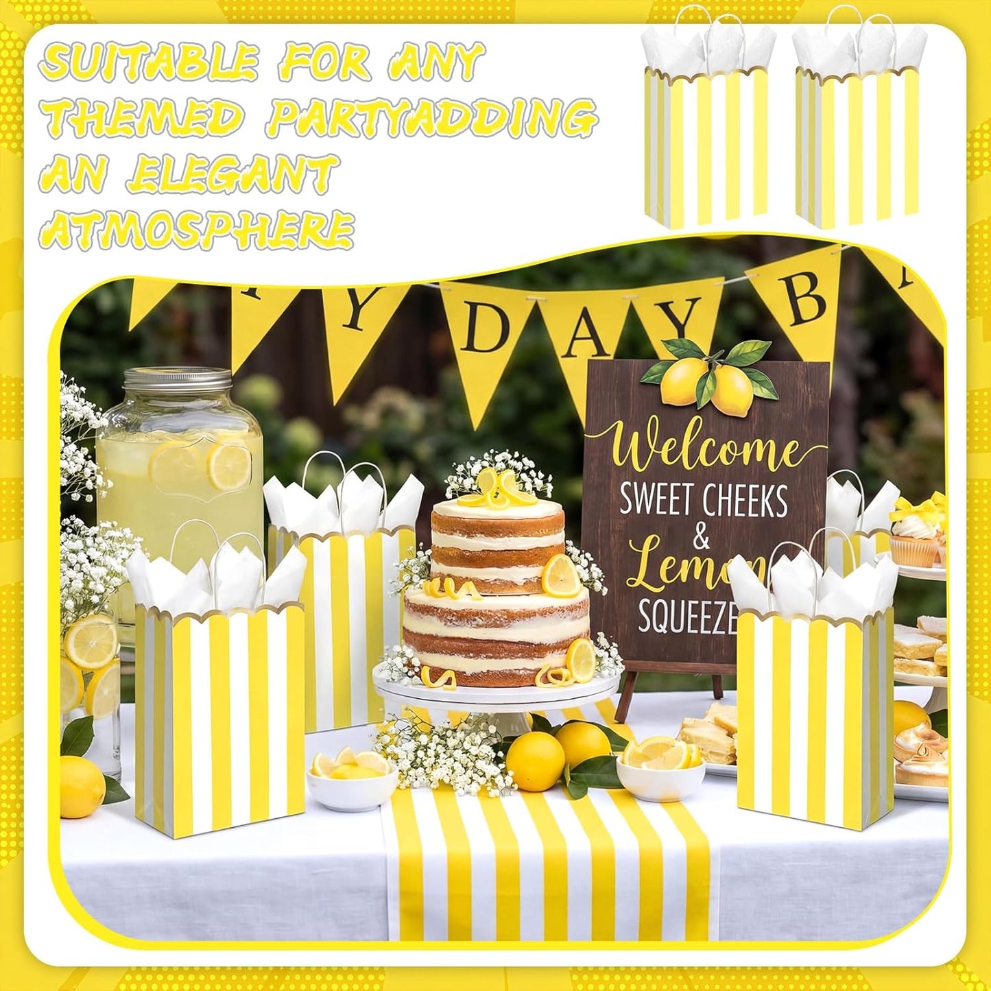 24 Pcs Lemon Party Favors Yellow and White Striped Gift Bags with Handles Gold Scalloped Edge Candy Goodie Treat Bags for Carnival Party Favors Circus Themed Birthday Supplies