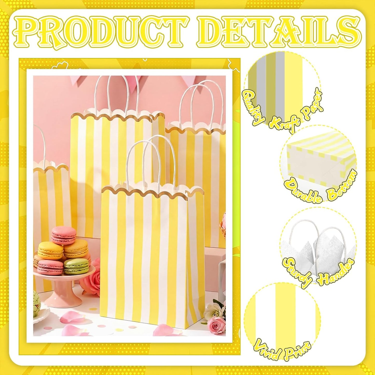 24 Pcs Lemon Party Favors Yellow and White Striped Gift Bags with Handles Gold Scalloped Edge Candy Goodie Treat Bags for Carnival Party Favors Circus Themed Birthday Supplies