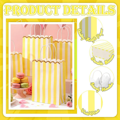 24 Pcs Lemon Party Favors Yellow and White Striped Gift Bags with Handles Gold Scalloped Edge Candy Goodie Treat Bags for Carnival Party Favors Circus Themed Birthday Supplies