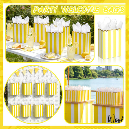 24 Pcs Lemon Party Favors Yellow and White Striped Gift Bags with Handles Gold Scalloped Edge Candy Goodie Treat Bags for Carnival Party Favors Circus Themed Birthday Supplies