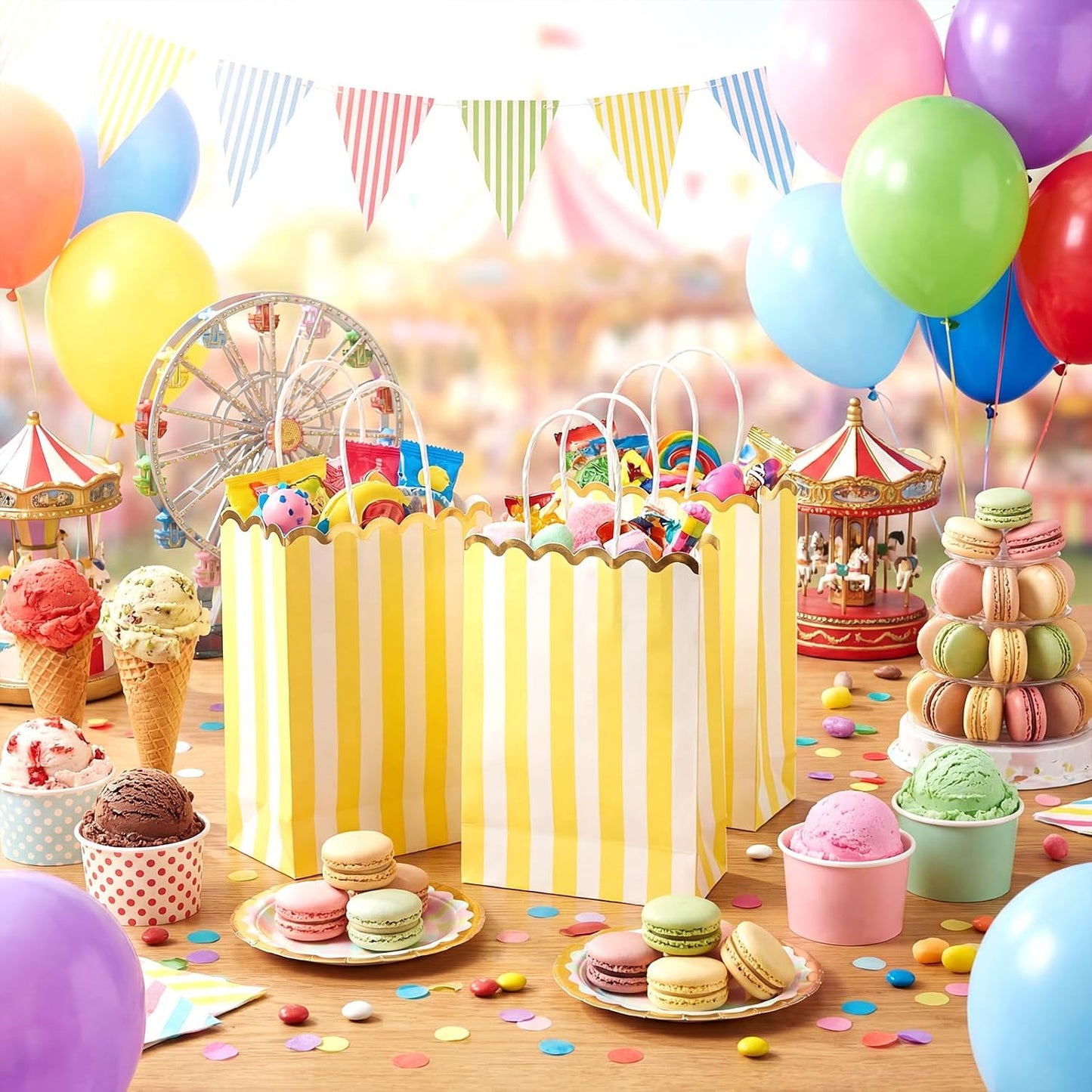 24 Pcs Lemon Party Favors Yellow and White Striped Gift Bags with Handles Gold Scalloped Edge Candy Goodie Treat Bags for Carnival Party Favors Circus Themed Birthday Supplies