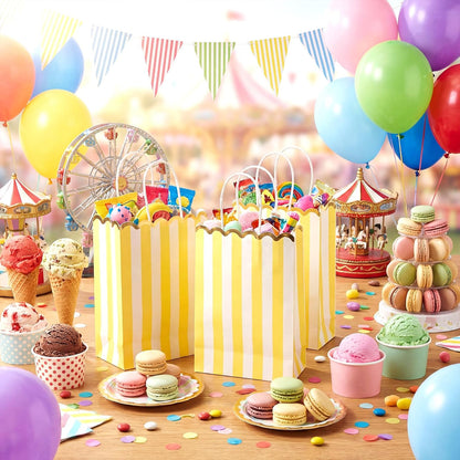 24 Pcs Lemon Party Favors Yellow and White Striped Gift Bags with Handles Gold Scalloped Edge Candy Goodie Treat Bags for Carnival Party Favors Circus Themed Birthday Supplies