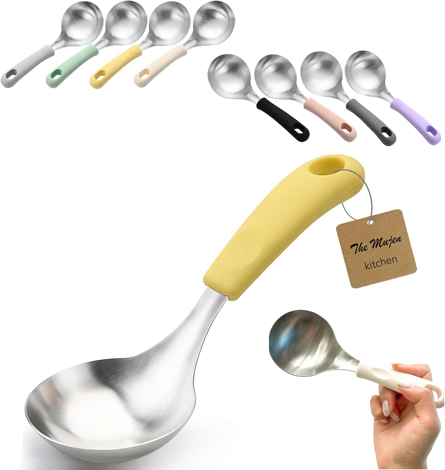 Korean Mukbang Spoon, Serving Spoon, Multipurpose Stainless Steel Ladle Silicone handle Serving Cooking Ladle 먹방 스푼,미니 국자, 서빙스푼 전현무 국자 (Yellow)