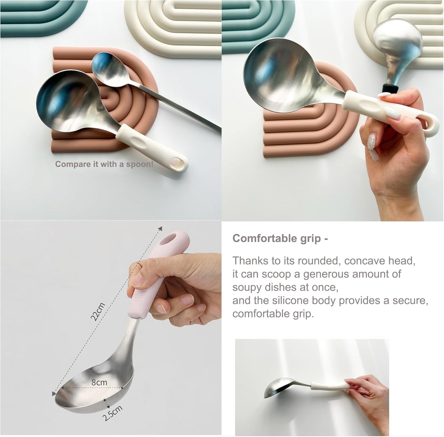 Korean Mukbang Spoon, Serving Spoon, Multipurpose Stainless Steel Ladle Silicone handle Serving Cooking Ladle 먹방 스푼,미니 국자, 서빙스푼 전현무 국자 (Yellow)
