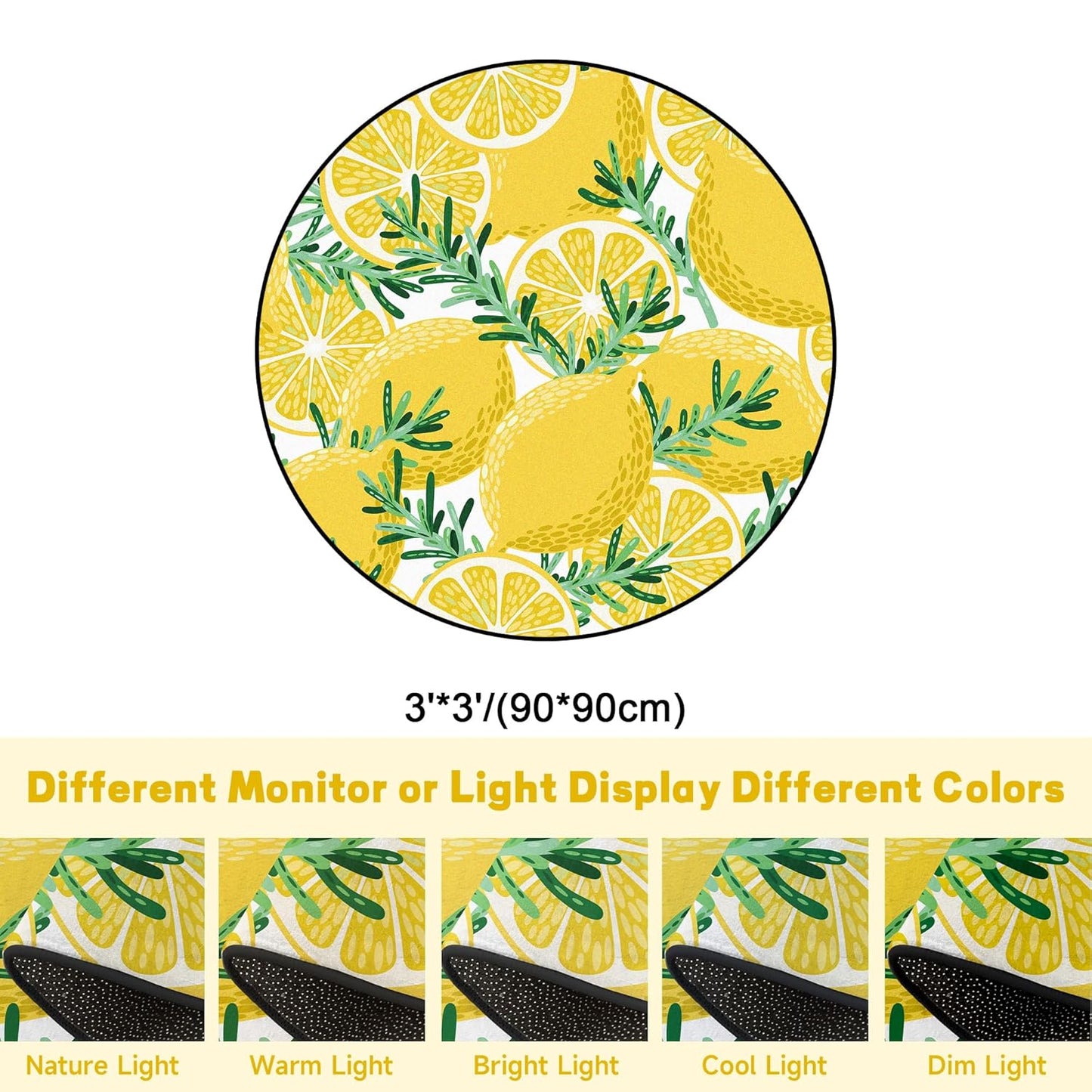 Round Lemon Rug Yellow Circle Rugs for Bedroom Dorm Living Room Lemon Tree Area Rug Floor Mat Pad Doormat Carpet, 3'X3'(90x90cm)